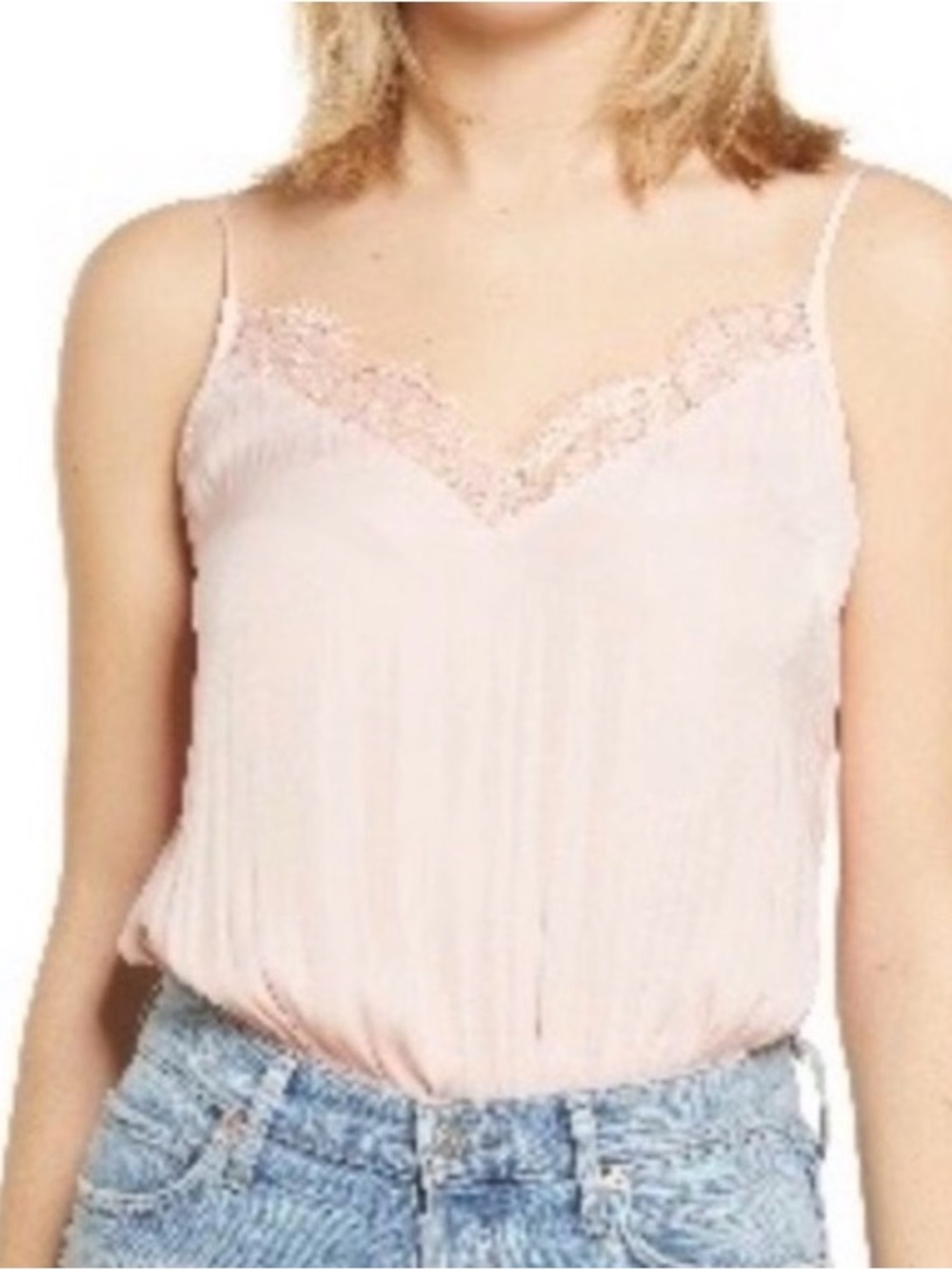 NWOT • Socialite Lace Trim Satin Bodysuit in Blush Pink • Women’s Medium